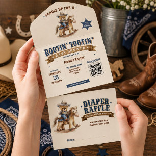 Cowboy Teddybeer Baby Shower QR Luier Raffle All In One Uitnodiging