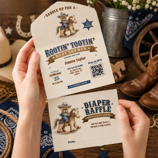 Cowboy Teddybeer Baby Shower QR Luier Raffle All In One Uitnodiging