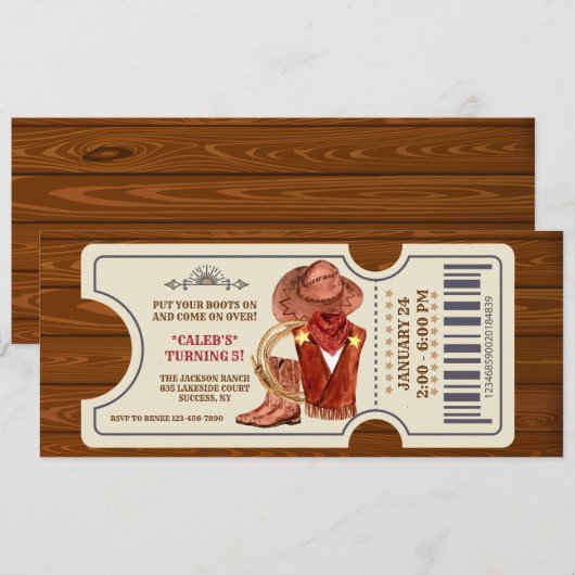 Cowboy Ticket Birthday Party Kaart (Voorkant / Achterkant)