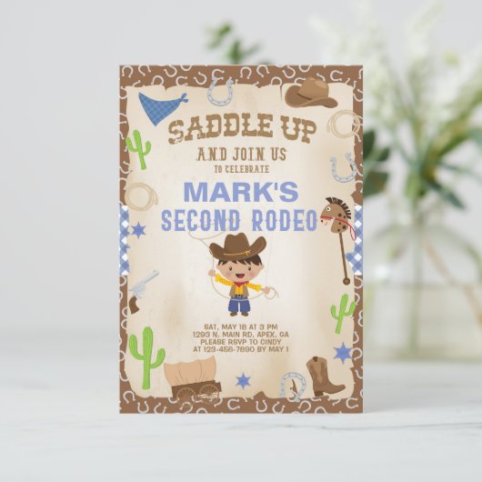 Cowboy tweede rodeo jongen verjaardag uitnodiging. kaart (Staand voorkant)