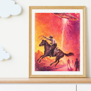 Cowboy UFO Ontmoeting – Vintage Sci-Fi Poster