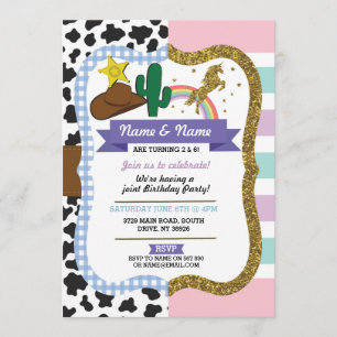 Cowboy & Unicorn Boys Girls Birthday Invites Kaart