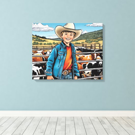 Cowboy vee Ranch Jongen Grafische Kunst Canvas Afdruk (Insitu (Houten vloer))