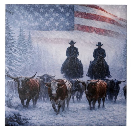 Cowboy Veeartrek Winter Kunstwerk Tegeltje (Voorkant)
