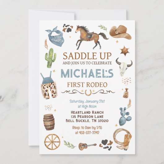 Cowboy Verjaardag Blauw 1e Rodeo Party Kaart (Voorkant)