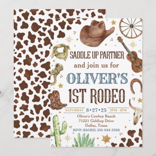 Cowboy Verjaardag Uitnodiging, 1e Rodeo Uitnodigin Kaart (Voorkant / Achterkant)