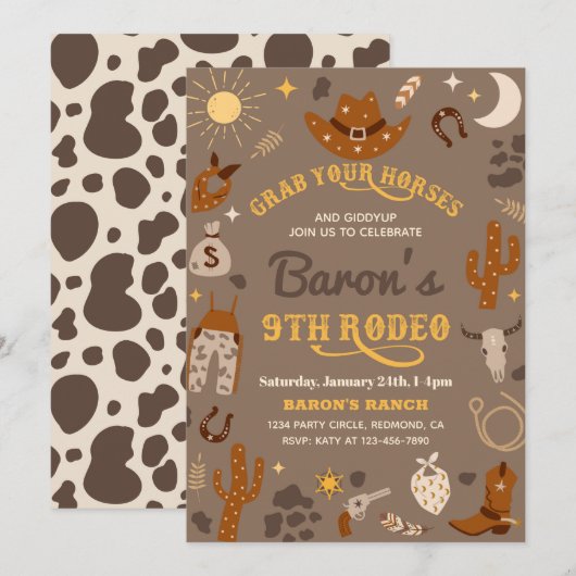 Cowboy Verjaardag Uitnodiging | 9e Rodeo uitnodigi (Voorkant / Achterkant)