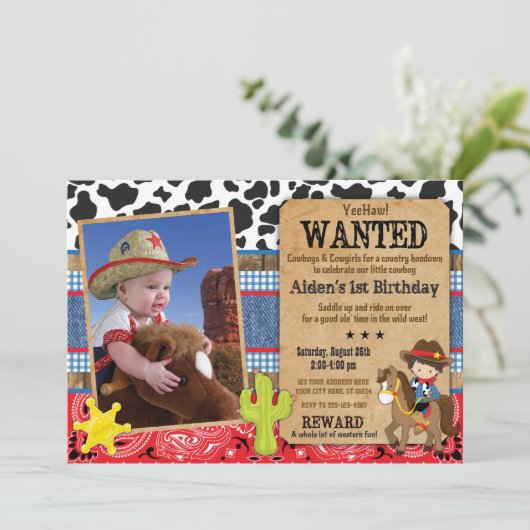 Cowboy Verjaardag Uitnodiging-Gezocht, Western The Kaart (Staand voorkant)