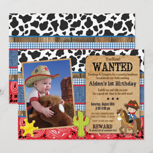 Cowboy Verjaardag Uitnodiging-Gezocht, Western The Kaart (Voorkant / Achterkant)
