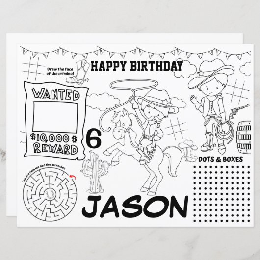 Cowboy verjaardagsborden, cowboy activiteitenblad (Voorkant / Achterkant)