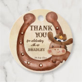 Cowboy verjaardagsfeest baby paard in een pet bedankjes labels (Voorkant)