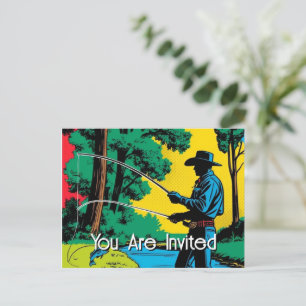 Cowboy Visser Op Rivier Oever Uitnodigingskaart Uitnodiging Briefkaart