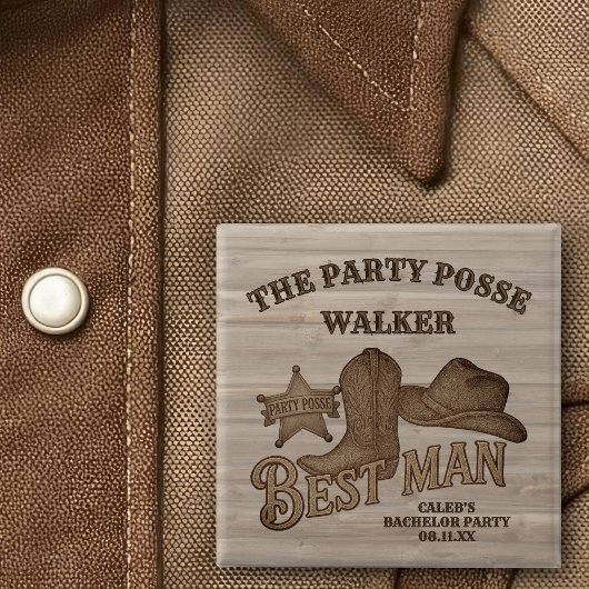 Cowboy vrijgezellenfeest Party Posse Getuige Vierkante Button 5,1 Cm