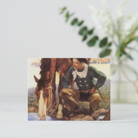Cowboy Watering His Horse van NC Wyeth,  kunst Briefkaart (Staand voorkant)