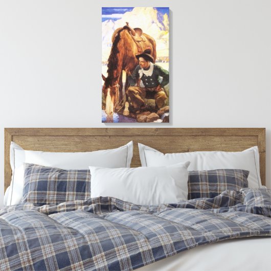 Cowboy Watering His Horse van NC Wyeth,  kunst Canvas Afdruk (Insitu (Slaapkamer))