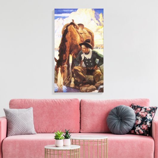 Cowboy Watering His Horse van NC Wyeth, kunst Canvas Afdruk (Insitu (Woonkamer))