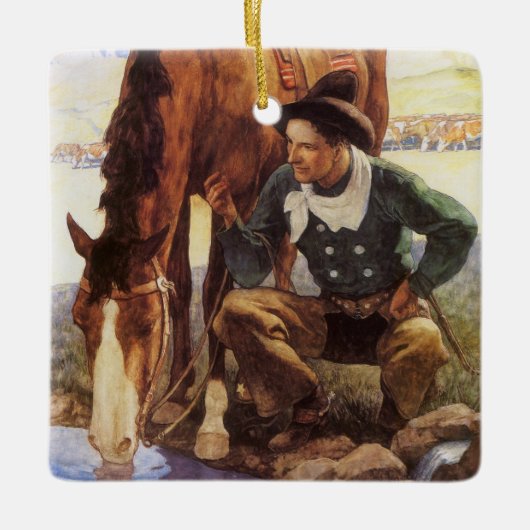 Cowboy Watering His Horse van NC Wyeth,  kunst Keramisch Ornament (Voorkant)