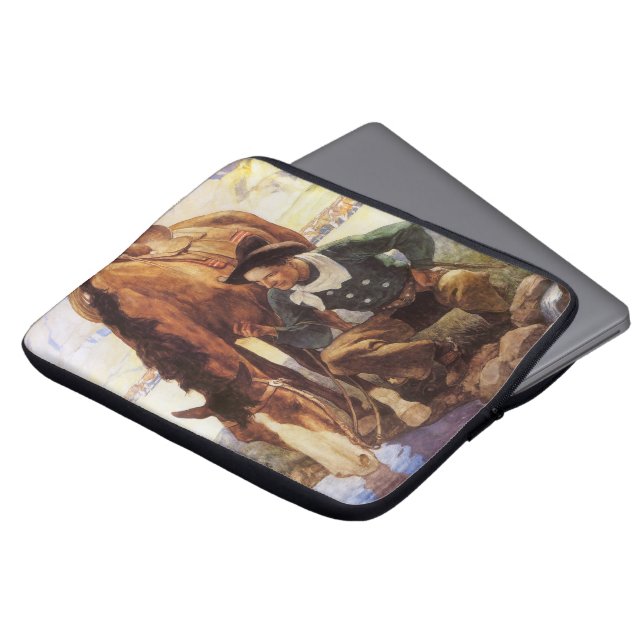 Cowboy Watering His Horse van NC Wyeth,  kunst Laptop Sleeve (Voorkant top)