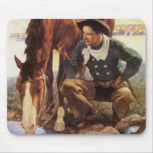 Cowboy Watering His Horse van NC Wyeth, kunst Muismat