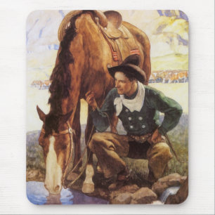 Cowboy Watering His Horse van NC Wyeth, kunst Muismat