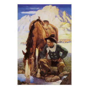 Cowboy Watering His Horse van NC Wyeth,  kunst Perfect Poster