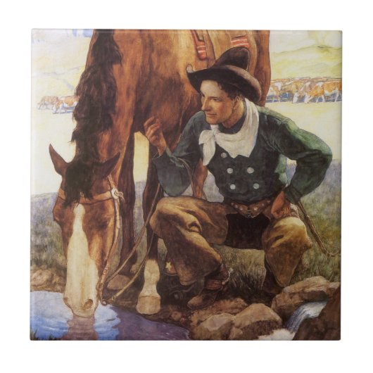 Cowboy Watering His Horse van NC Wyeth,  kunst Tegeltje (Voorkant)