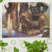 Cowboy Watering His Horse van NC Wyeth,  kunst Theedoek (Gevouwen)