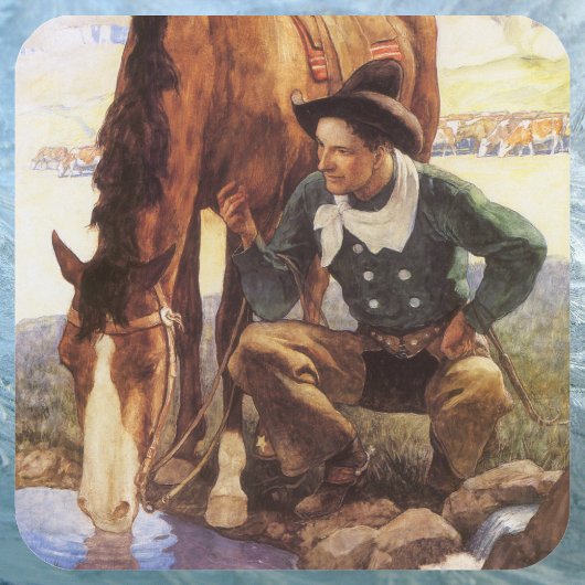 Cowboy Watering His Horse van NC Wyeth,  kunst Vierkante Sticker