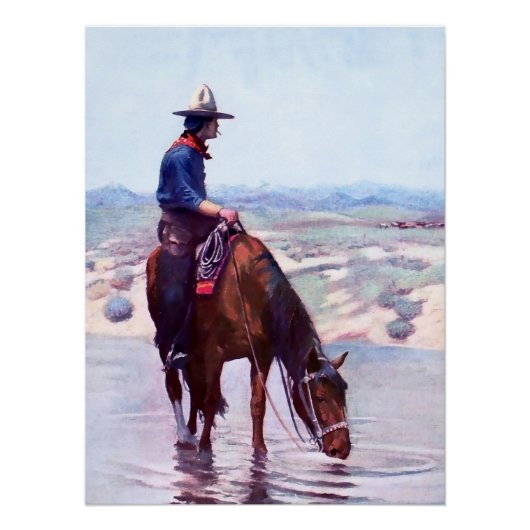 Cowboy Watering Horse van W Herbert Dunton Perfect Poster (Voorkant)
