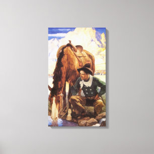 Cowboy Watering Zijn Paard door NC Wyeth, Vintage  Canvas Afdruk
