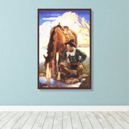 Cowboy Watering Zijn Paard door NC Wyeth, Vintage Canvas Afdruk