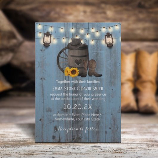 Cowboy Wedding Sunflower Lantern Dusty Blue Wood Kaart