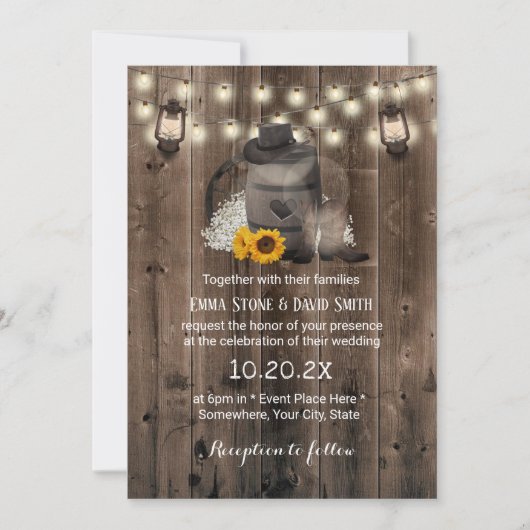 Cowboy Wedding Sunflower Lantern Rustic Barn Wood Kaart (Voorkant)