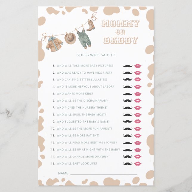 Cowboy Western Baby shower Mama of Daddy Game (Voorkant)