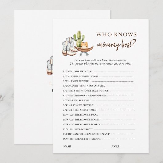 Cowboy Western Baby shower spel Kaart (Voorkant / Achterkant)