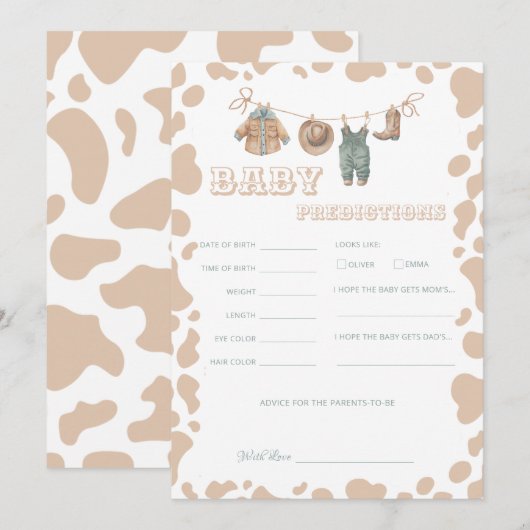 Cowboy Western Baby Shower Voorspellingen Plezieri Kaart (Voorkant / Achterkant)