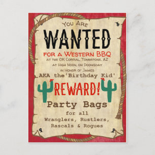 Cowboy Western BBQ Birthday Party Gezocht Poster Uitnodiging Briefkaart