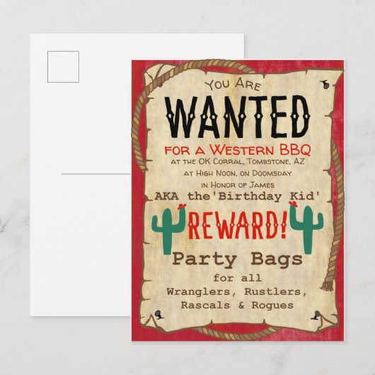 Cowboy Western BBQ Birthday Party Gezocht Poster Uitnodiging Briefkaart (Voorkant / Achterkant)