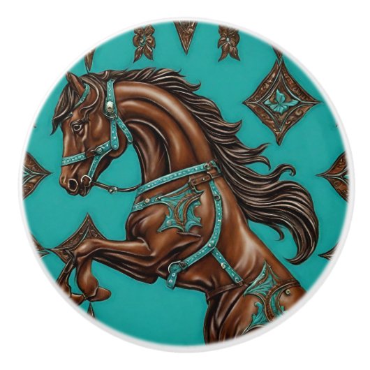 Cowboy Western Country Turquoise Brown Horse Keramische Knop (Voorkant)