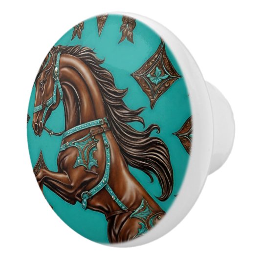 Cowboy Western Country Turquoise Brown Horse Keramische Knop (Rechts)