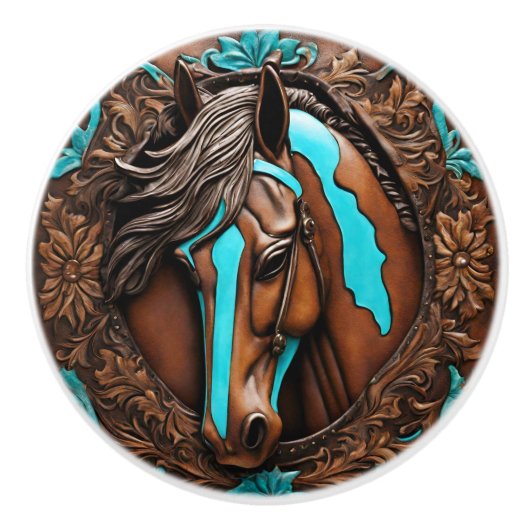 Cowboy Western Country Turquoise Brown Horse Keramische Knop (Voorkant)
