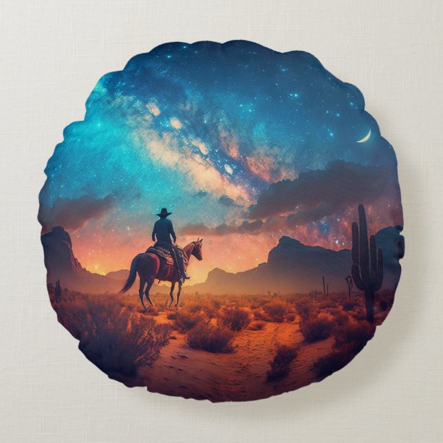 Cowboy Western Desert Night Ride Cactus Rond Kussen (Voorkant)
