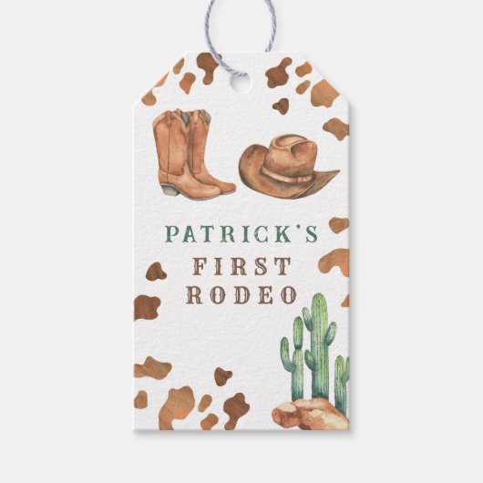 Cowboy Western eerste Rodeo verjaardagsfeestje Cadeaulabel (Voorkant)