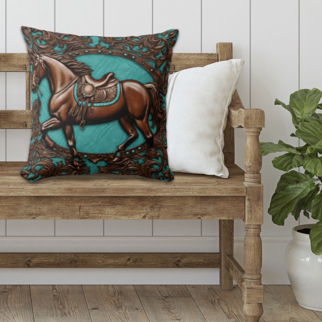 Cowboy Western Land Ruitersport Bruin Paard Kussen (western country brown horse teal throw pillow)