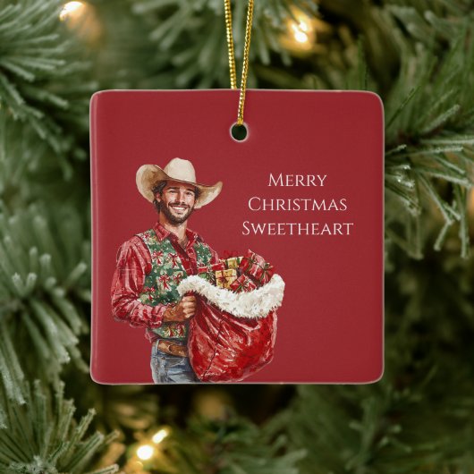 Cowboy Western Man Santa Hat Christmas   Keramisch Ornament (Boom)