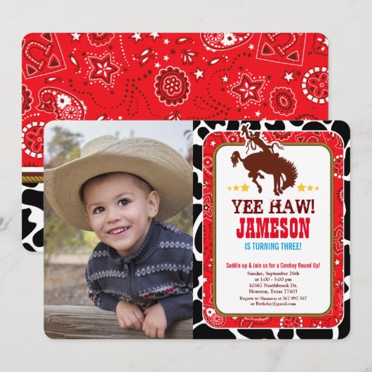 Cowboy Western Old West Birthday Photo Invitation Kaart (Voorkant / Achterkant)