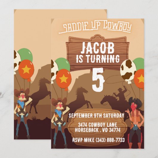 Cowboy Western Paard Verjaardag Thema Uitnodiginge Kaart (Voorkant / Achterkant)