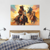 Cowboy Western Paarden blauw Tan Collage Canvas Afdruk (Insitu (Slaapkamer))