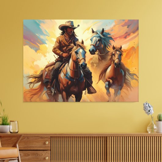 Cowboy Western Paarden blauw Tan Collage Canvas Afdruk (Insitu (Woonkamer))