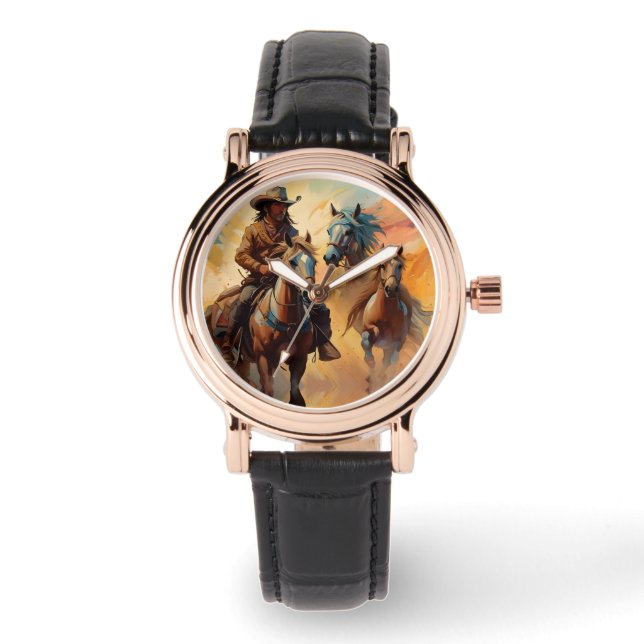 Cowboy Western Paarden blauw Tan Collage Horloge (Voorkant)